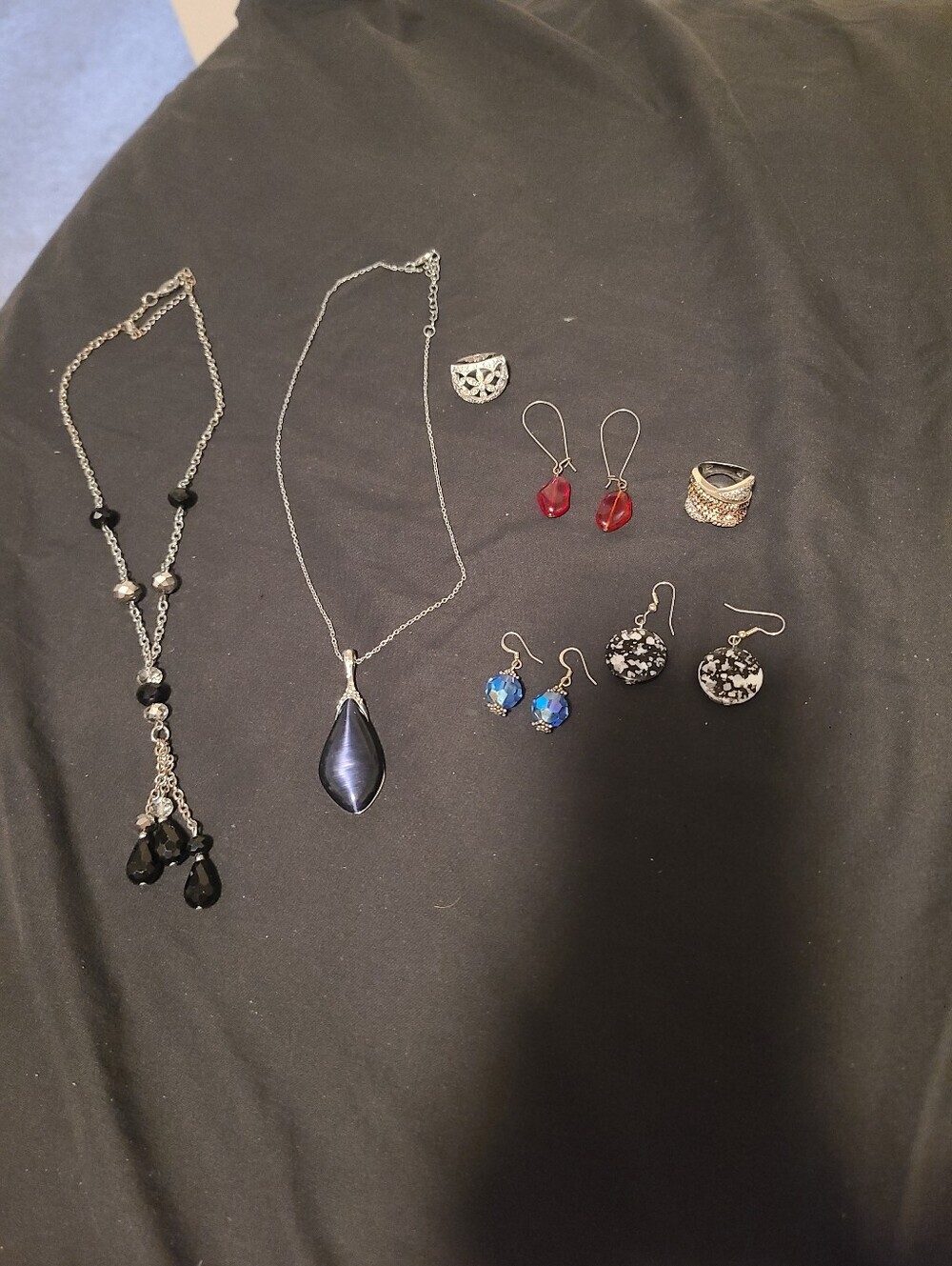Set Of Beaded Rhinestone Chain Silver Necklaces Earrings Statement Rings